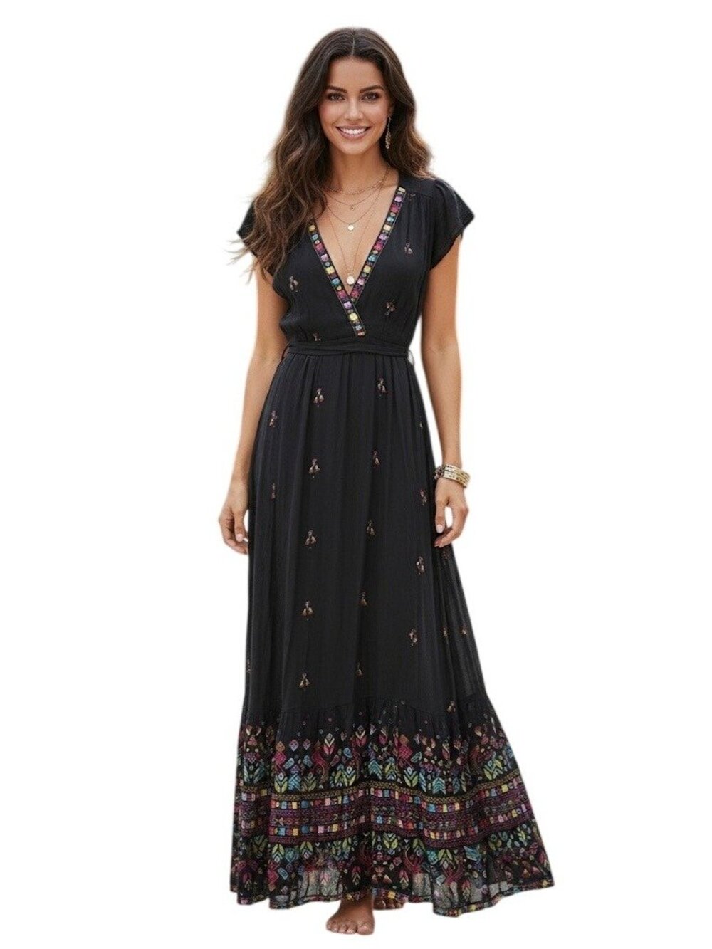 Jens Pirate Booty Black Tie Waist V-Neck Maxi Dress S| Cottagecore Coastal Boho